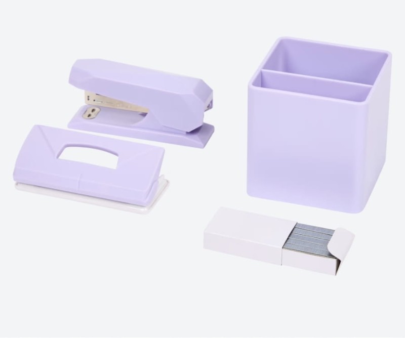 Organizer biurkowy pojemnik, dziurkacz, zszywacz i zszywki FIOLETOWY