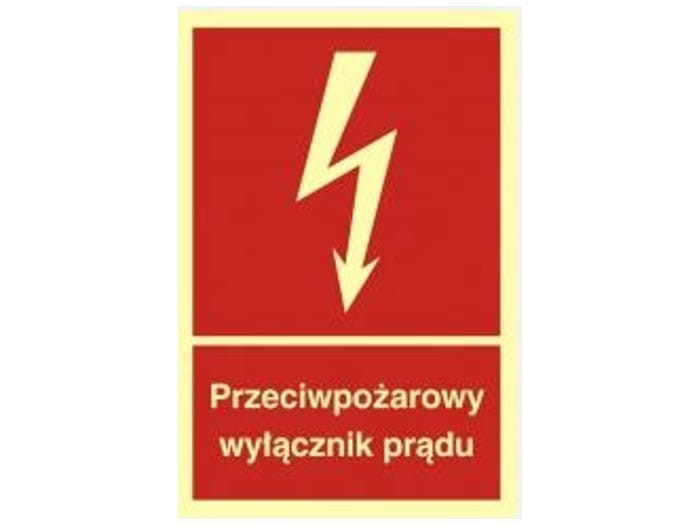 ZNAK PRZECIWPOŻAROWY WYŁĄCZNIK PRĄDU 15x22,2 płyta 1mm fotoluminescancyjna