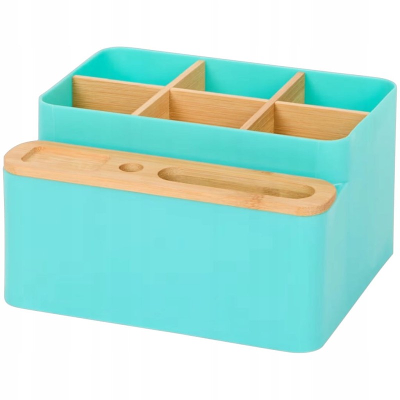 ORGANIZER NA BIURKO BAMBUSOWY Z PRZEGRÓDKAMI 18x16x10 cm EKO niebeski