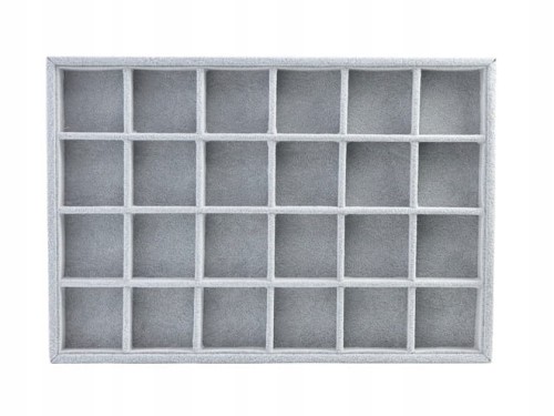 EKSPOZYTOR KRATOWNICA 24 PRZEGRÓDKI ZAMSZOWA SZARA TACKA NA BIŻUTERIĘ