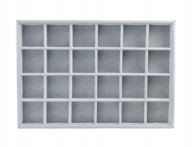 EKSPOZYTOR KRATOWNICA 24 PRZEGRÓDKI ZAMSZOWA SZARA TACKA NA BIŻUTERIĘ