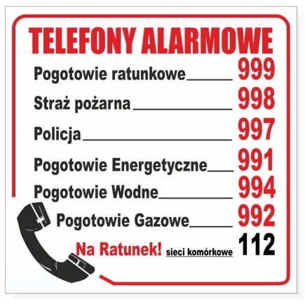 NAKLEJKA INFORMACYJNA TELEFONY ALARMOWE DUŻA
