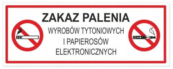 Naklejka Ostrzegawcza Zakaz Palenia Wyrobów Tytoniowych i E-Papierosów 21x8 cm - BHP Samoprzylepna