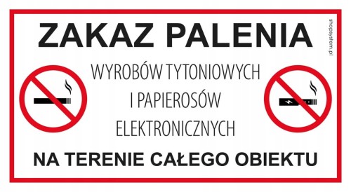 Naklejka Ostrzegawcza Zakaz Palenia Wyrobów Tytoniowych i E-Papierosów Duża 30x16,5 cm