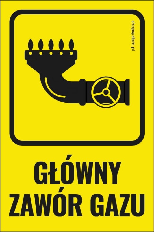 Naklejka Ostrzegawcza Główny Zawór Gazu Żółta 15x10 cm - BHP PPOŻ Samoprzylepna