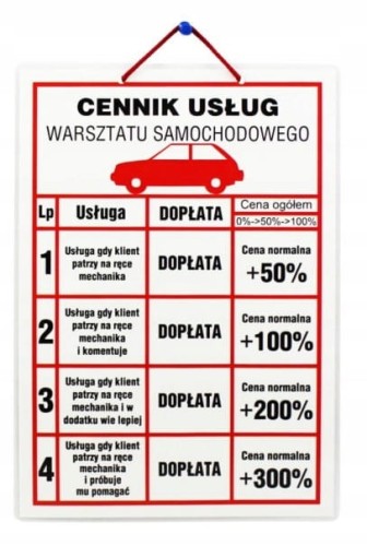 Laminowana dwustronnie wodoodporna wywieszka cennik usług warsztatu samochodowego A4 ze sznurkiem