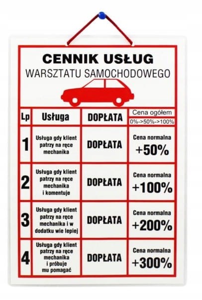 WYWIESZKA CENNIK USŁUG WARSZTATU SAMOCHODOWEGO A4