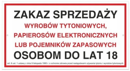 Tabliczka Zakaz Sprzedaży Wyrobów Tytoniowych Osobom do Lat 18 30x16,5 cm PCV