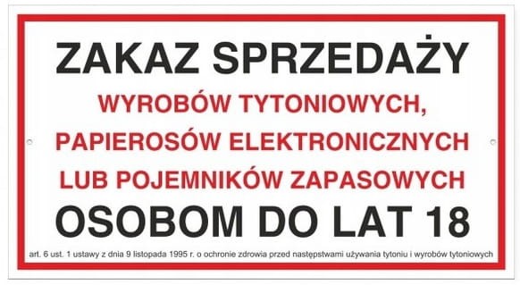 Tabliczka Zakaz Sprzedaży Wyrobów Tytoniowych Osobom do Lat 18 30x16,5 cm PCV