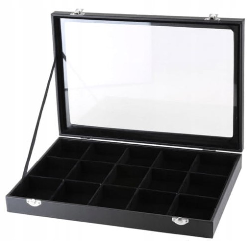 SZKATUŁKA EKSPOZYTOR TACKA ZAMYKANA 15 PRZEGRÓDEK CZARNA