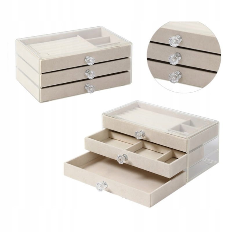 SZKATUŁKA NA BIŻUTERIĘ PIERŚCIONKI KOLCZYKI TRZY SZUFLADY KREMOWY