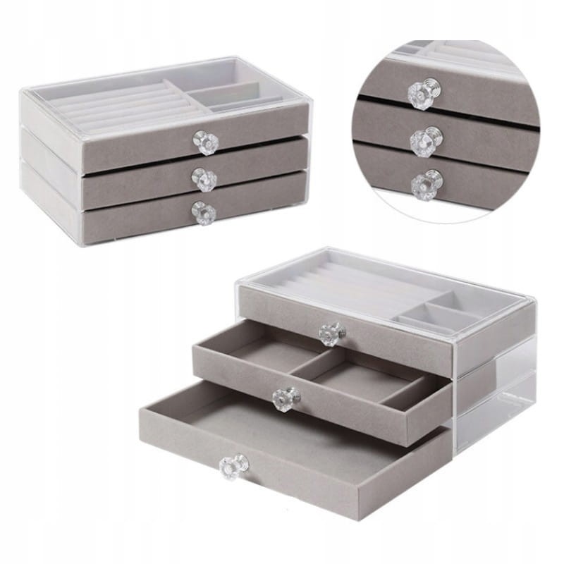 SZKATUŁKA NA BIŻUTERIĘ PIERŚCIONKI KOLCZYKI TRZY SZUFLADY SZARY