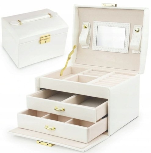 SZKATUŁKA BIŻUTERIĘ PUDEŁKO ORGANIZER KUFEREK Z UCHWYTEM BIAŁA