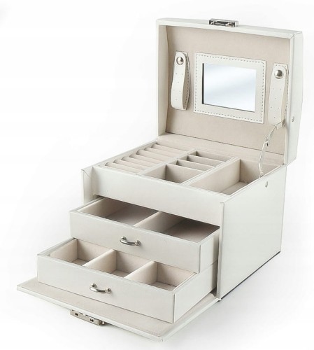 SZKATUŁKA BIŻUTERIĘ PUDEŁKO ORGANIZER KUFEREK Z UCHWYTEM ECRU