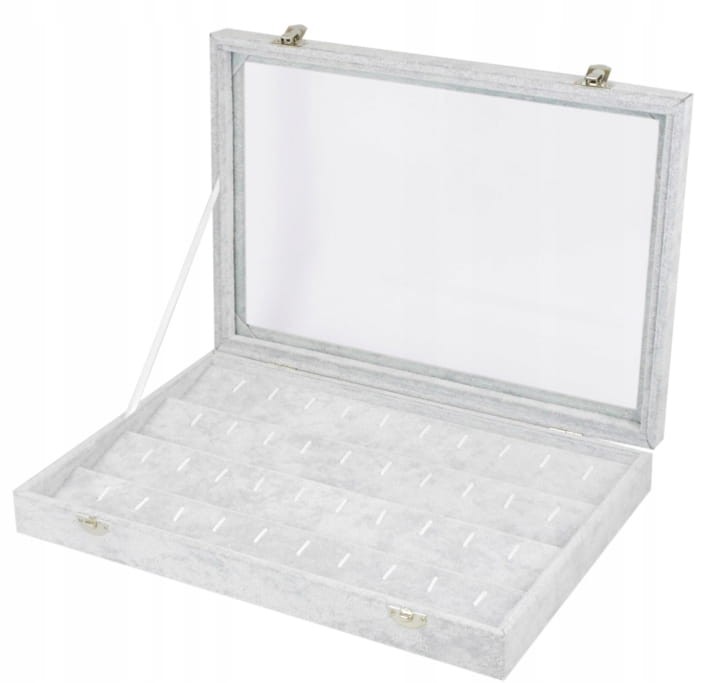 SZKATUŁKA EKSPOZYTOR TACKA ZAMYKANA NA KOLCZYKI SZARA