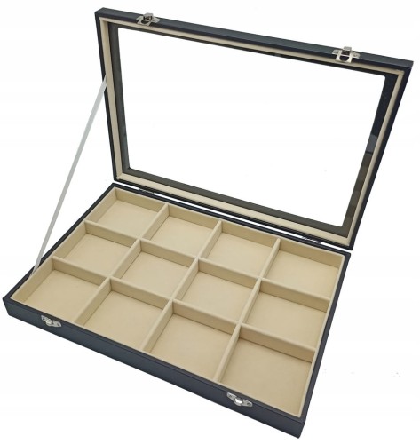SZKATUŁKA EKSPOZYTOR TACKA ZAMYKANA NA BIŻUTERIĘ 12 PRZEGRÓDEK