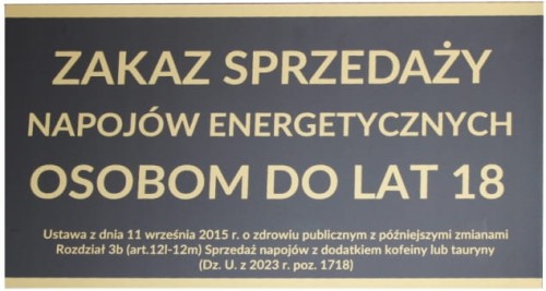 Tabliczka ZAKAZ SPRZEDAŻY NAPOJÓW ENERGETYCZNYCH OSOBOM DO LAT 18 czarna