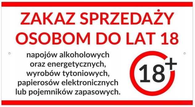 Tabliczka Zakaz Sprzedaży Osobom do Lat 18 Alkoholu Energetyków Tytoniu 30x16,5 cm PCV