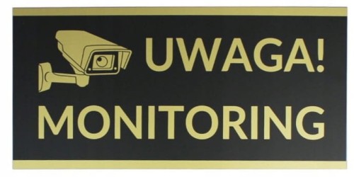 Tabliczka UWAGA MONITORING KAMERA CZARNO ZŁOTA 24x11